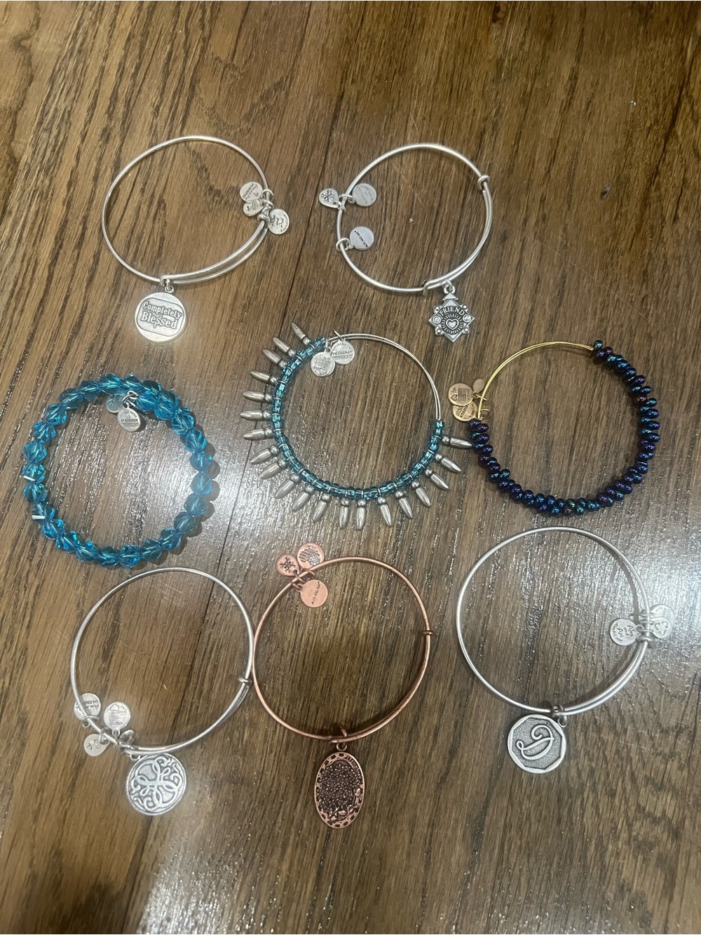 8 Alex and Ani Mixed Metal and Teal Beaded Stackable Charm Bracelets